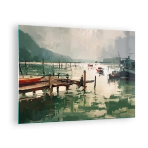 Impression sur verre - Image sur verre - Une jetée en bois et des bateaux sur une eau calme entourée de montagnes - 70x50cm - Trempé dans une lune en fusion - Décoration murale moderne pour le salon et la chambre ARTTOR