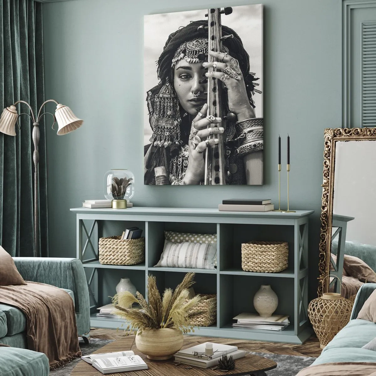 Impression sur toile - Image sur toile - Portrait d'une femme en bijoux ethniques tenant un instrument à la main - 50x70cm - Musique de l'Orient elle-même - Décoration murale moderne pour le salon et la chambre ARTTOR