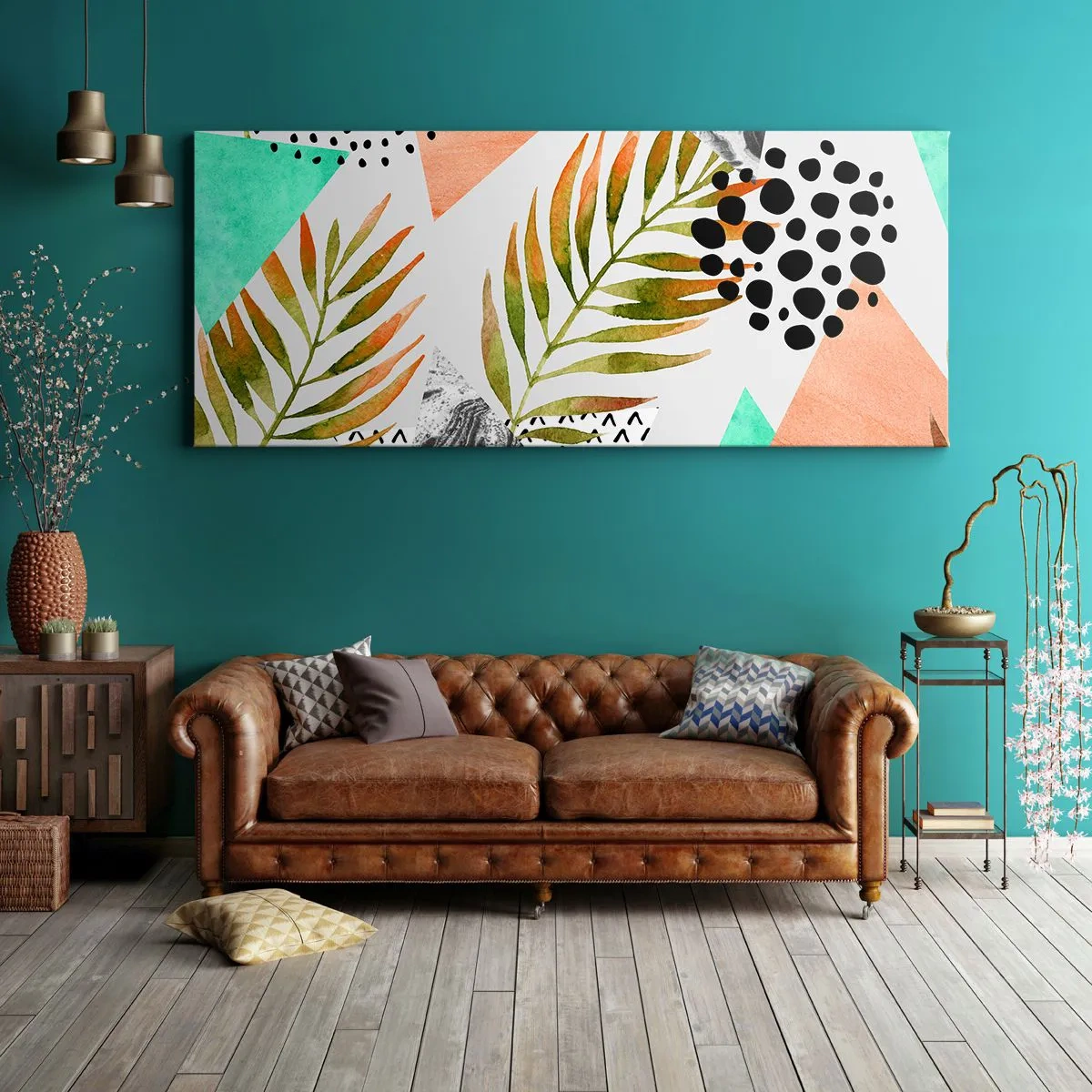 Impression sur toile - Image sur toile - Motif tropical avec des feuilles et des formes géométriques - 120x50cm - Décoration avec feuille de palmier - Décoration murale moderne pour le salon et la chambre ARTTOR