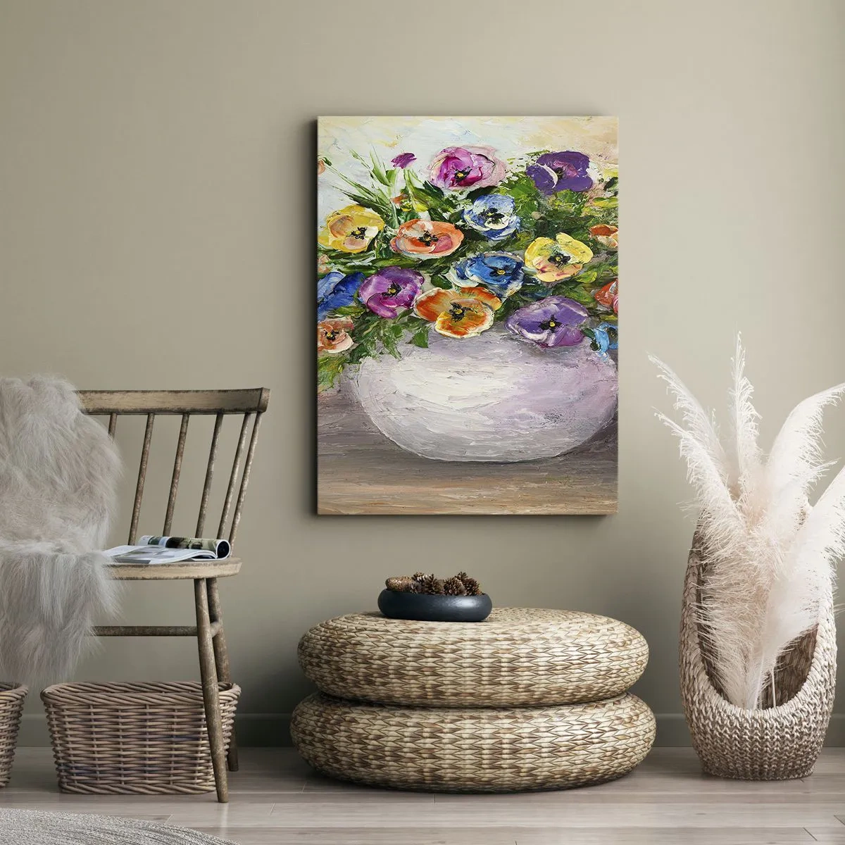 Impression sur toile - Image sur toile - Un bouquet de fleurs colorées dans un vase blanc - 50x70cm - Nature morte dans un vase blanc - Décoration murale moderne pour le salon et la chambre ARTTOR