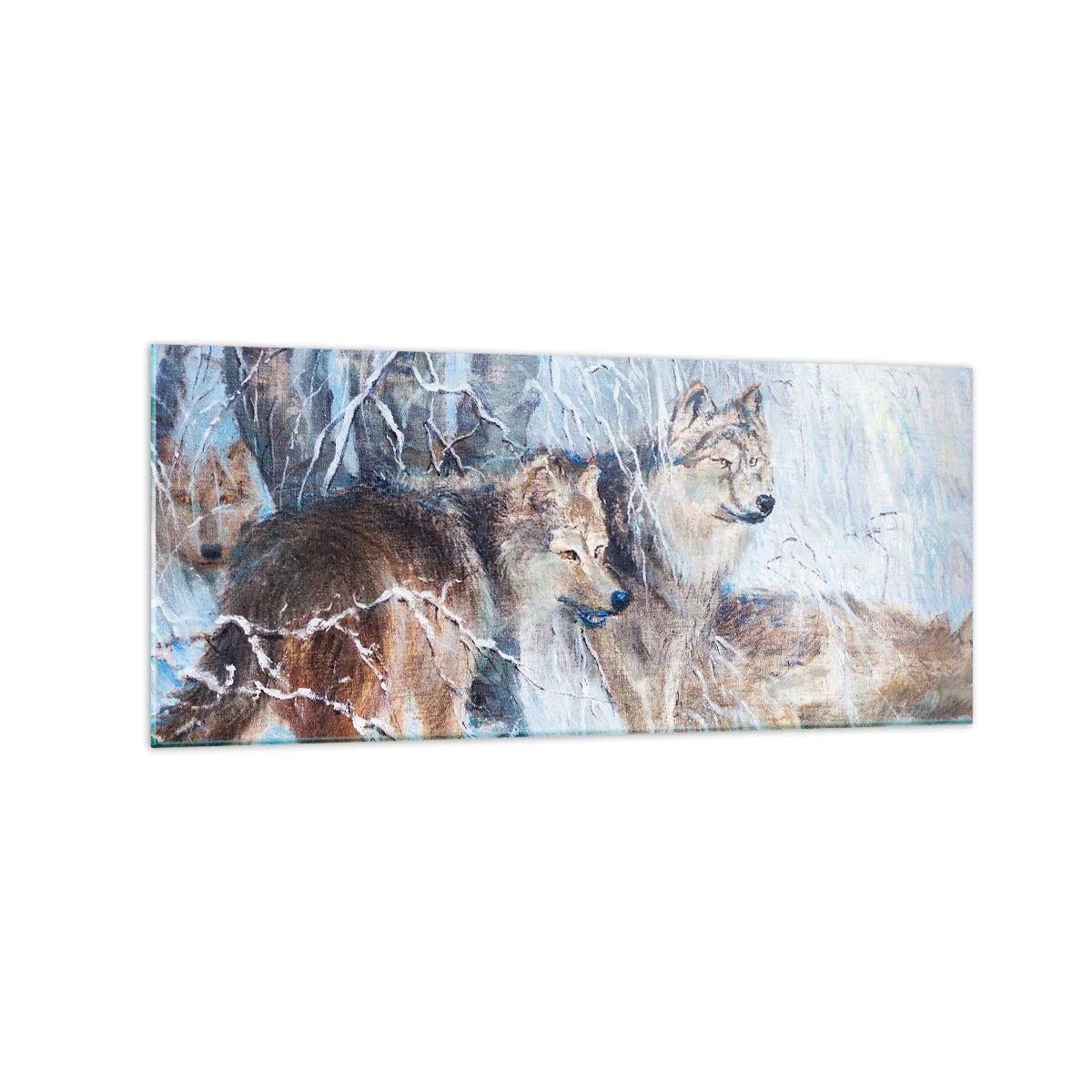 Impression sur verre - Image sur verre - Loups dans une forêt hivernale sur fond de neige - 120x50cm - Attention! Ca arrive ... - Décoration murale moderne pour le salon et la chambre ARTTOR