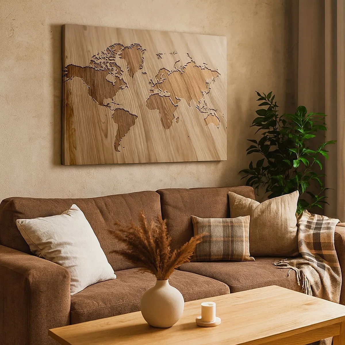 Impression sur toile - Image sur toile - Une carte du monde découpée sur une surface en bois - 70x50cm - Le monde est sur la table - Décoration murale moderne pour le salon et la chambre ARTTOR