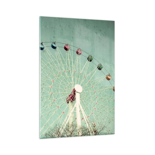 Impression sur verre - Image sur verre - Une grande roue colorée contre un ciel bleu dans un style rétro - 80x120cm - Nous vous invitons à vous amuser - Décoration murale moderne pour le salon et la chambre ARTTOR