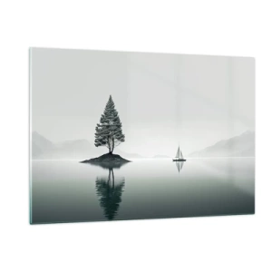 Impression sur verre - Image sur verre - Un arbre solitaire sur une île et un voilier sur un lac calme - 120x80cm - Un rêve somnolent - Décoration murale moderne pour le salon et la chambre ARTTOR