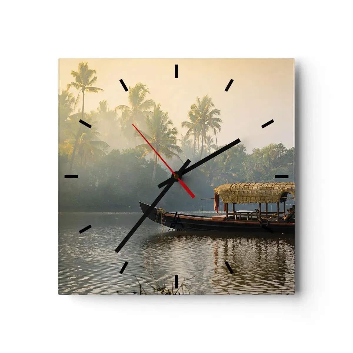 Horloge murale - Pendule murale - Un bateau traditionnel sur une rivière calme parmi les palmiers - 30x30cm - Maison sur la rivière - Décoration murale moderne pour le salon et la chambre ARTTOR