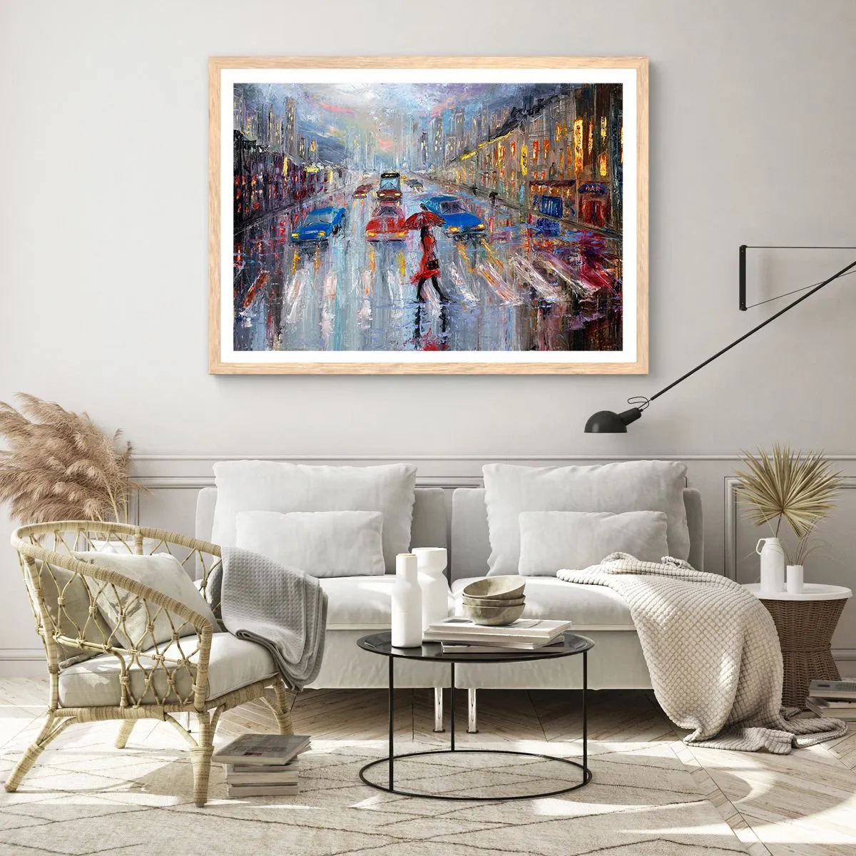 Affiche dans un chêne clair - Poster - Après-midi pluvieux en ville - 100x70 cm