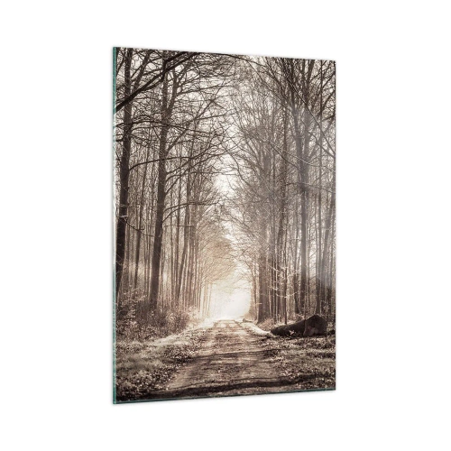 Impression sur verre - Image sur verre - Route forestière dans le brouillard matinal - 50x70cm - Cathédrale de la forêt - Décoration murale moderne pour le salon et la chambre ARTTOR