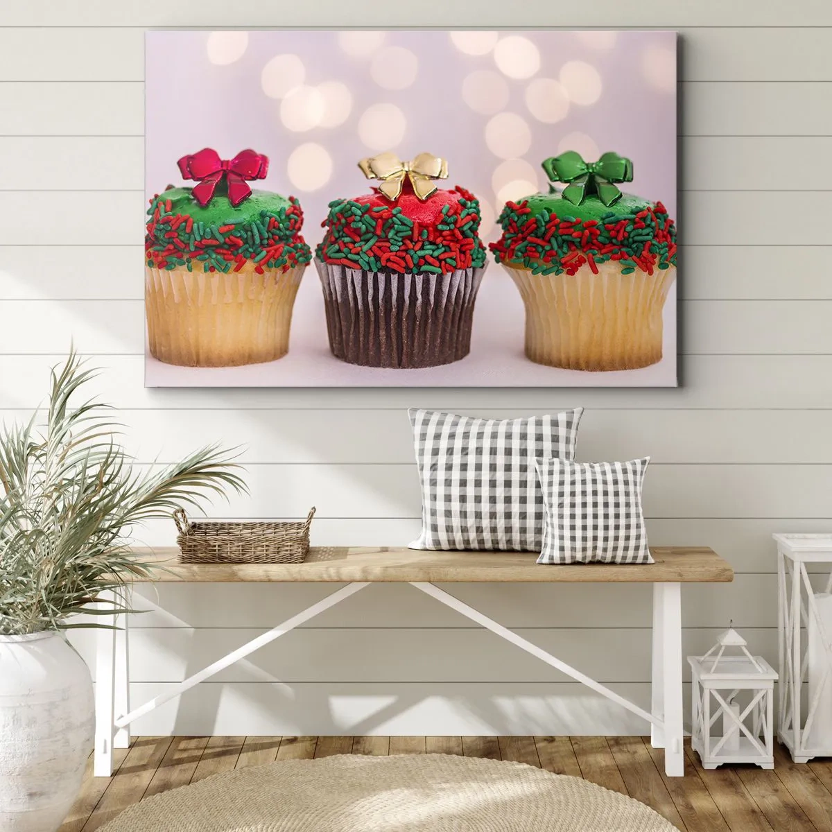 Impression sur toile - Image sur toile - Cupcakes de Noël avec des paillettes et des nœuds colorés - 70x50cm - Une sucrerie après la cocarde - Décoration murale moderne pour le salon et la chambre ARTTOR