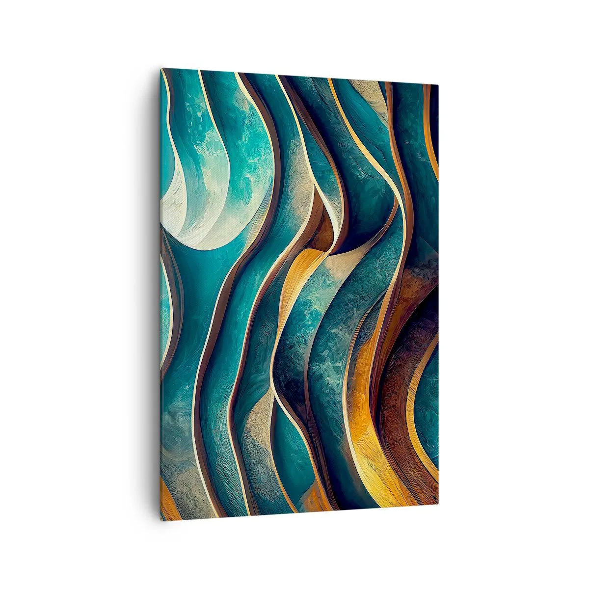 Impression sur toile - Image sur toile - Vagues abstraites dans des tons turquoise et or - 70x100cm - Méandres de bleu - Décoration murale moderne pour le salon et la chambre ARTTOR