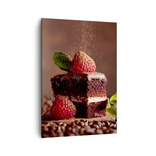 Impression sur toile - Image sur toile - Gâteau au chocolat aux framboises et à la menthe sur fond de fèves de cacao - 50x70cm - La vie est douce - Décoration murale moderne pour le salon et la chambre ARTTOR
