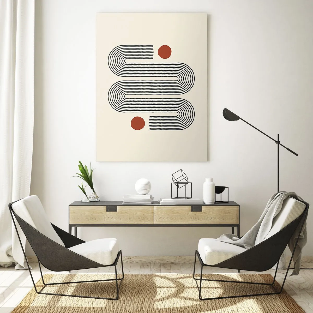 Impression sur verre - Image sur verre - Motif géométrique avec des lignes et des cercles orange - 80x120cm - Du début à la fin - Décoration murale moderne pour le salon et la chambre ARTTOR