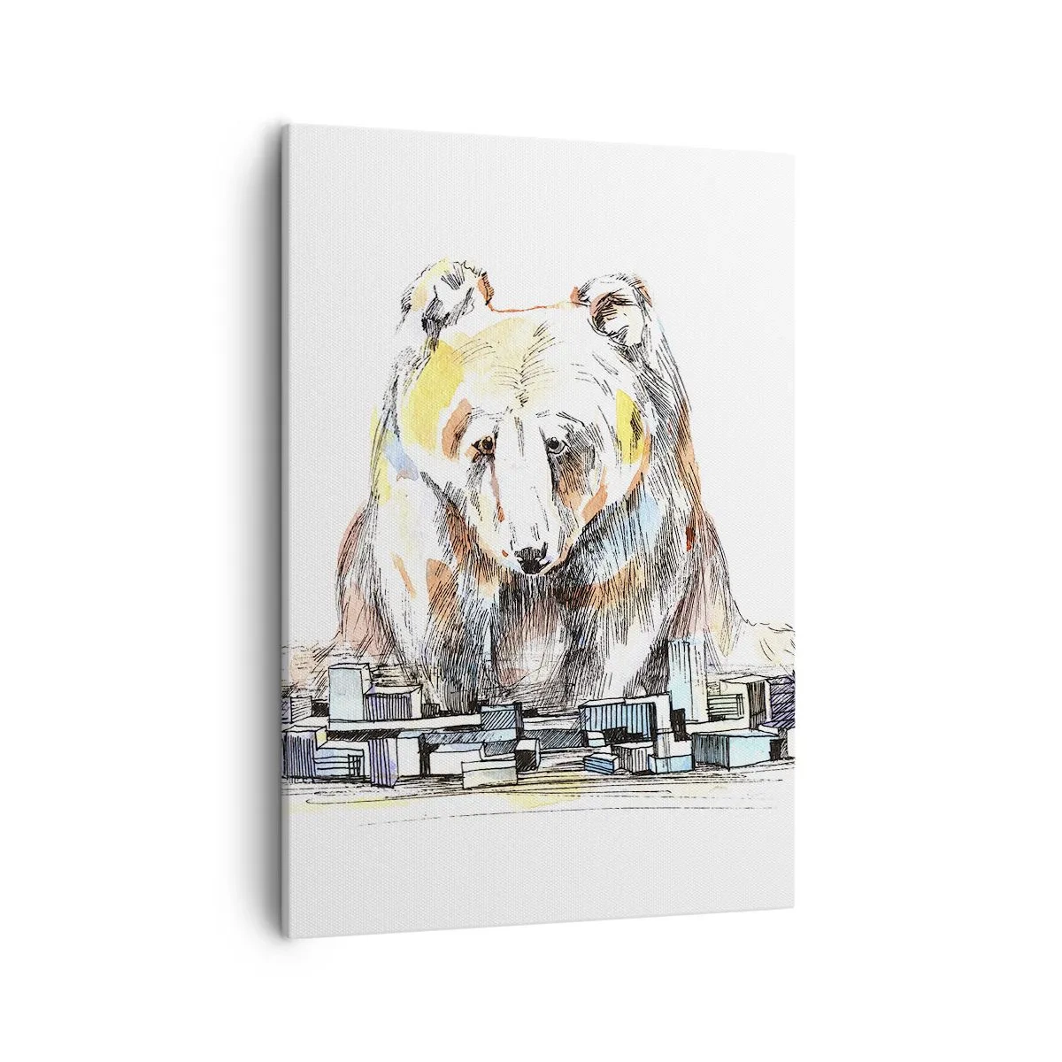 Impression sur toile - Image sur toile - Illustration d'un ours avec des détails et des blocs colorés - 50x70cm - Comment peut-on vivre ainsi ? - Décoration murale moderne pour le salon et la chambre ARTTOR