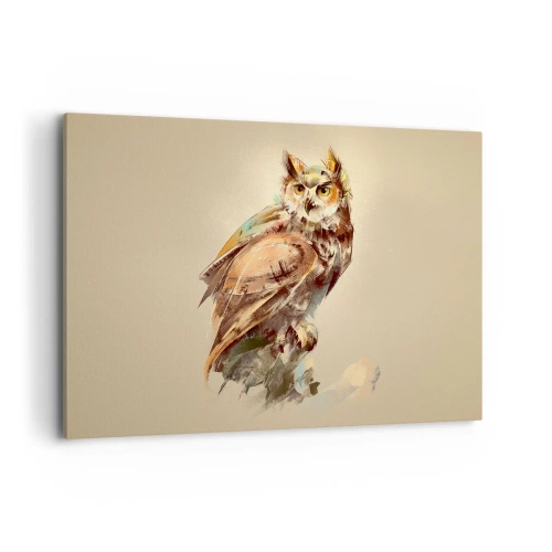 Impression sur toile - Image sur toile - Portrait artistique d'un hibou sur un fond clair dans des tons chauds. - 120x80cm - Le hibou le plus intelligent - confirmera la forêt de chênes - Décoration murale moderne pour le salon et la chambre ARTTOR