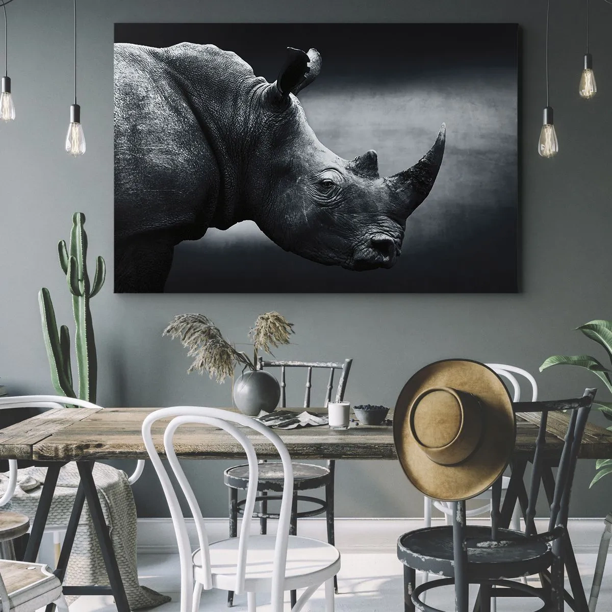 Impression sur toile - Image sur toile - Portrait noir et blanc d'un rhinocéros sur fond sombre - 70x50cm - Le profil droit - Décoration murale moderne pour le salon et la chambre ARTTOR
