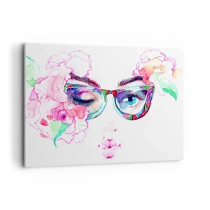 Impression sur toile - Image sur toile - Visage aquarelle avec des lunettes colorées et des fleurs - 100x70cm - Une promesse tentante - Décoration murale moderne pour le salon et la chambre ARTTOR