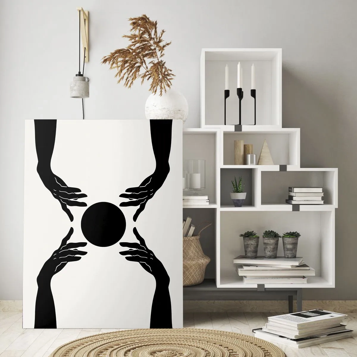 Impression sur verre - Image sur verre - Mains noires dans une composition symétrique avec une boule - 70x100cm - Signe secret - Décoration murale moderne pour le salon et la chambre ARTTOR