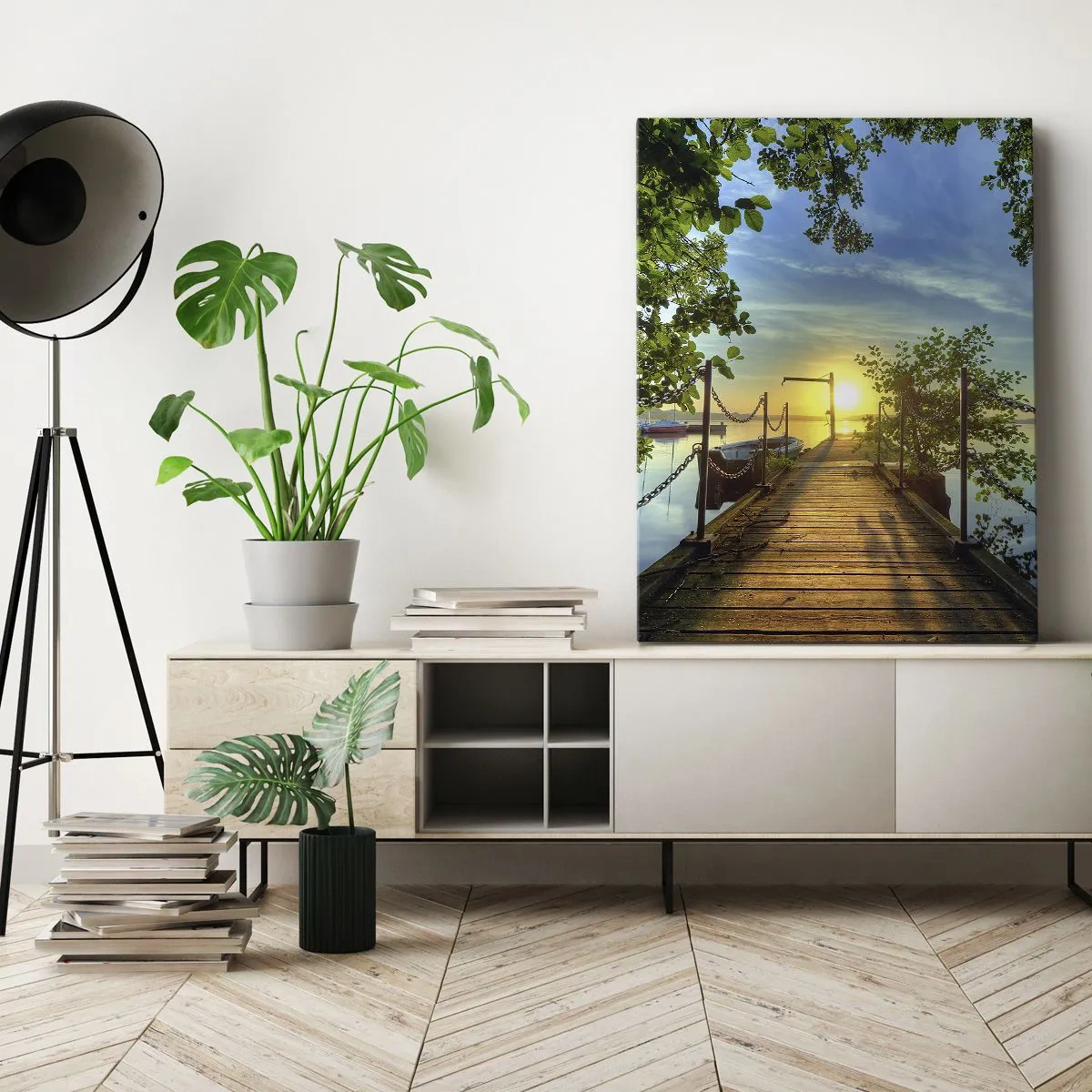 Impression sur toile - Image sur toile - Une jetée sur le lac dans les rayons du soleil couchant - 80x120cm - L'ouest au-dessus de l'eau - Décoration murale moderne pour le salon et la chambre ARTTOR