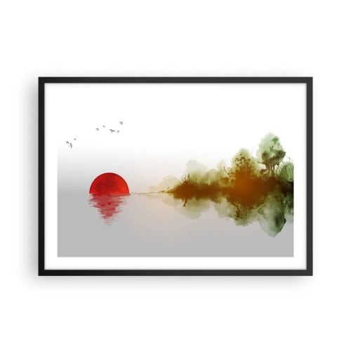 Affiche dans un cadre noir - Poster - Coucher de soleil abstrait sur un lac avec reflet - 70x50cm - Une promesse de paix - Décoration murale moderne pour le salon et la chambre ARTTOR