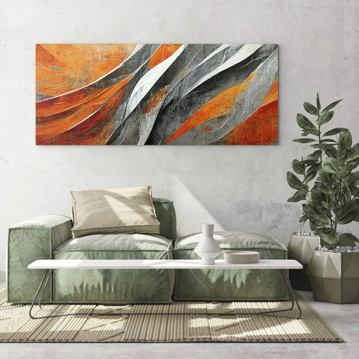 Impression sur verre - Image sur verre - Lignes abstraites dans les tons orange et gris - 120x50cm - Chaleur et froid - Décoration murale moderne pour le salon et la chambre ARTTOR