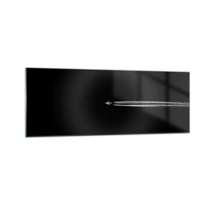 Impression sur verre - Image sur verre - Un avion à réaction avec une traînée de condensation visible sur fond noir - 140x50cm - Dans une autre dimension - Décoration murale moderne pour le salon et la chambre ARTTOR