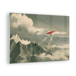 Impression sur verre - Image sur verre - Un avion rouge survolant des montagnes enneigées - 70x50cm - Pionnier intrépide - Décoration murale moderne pour le salon et la chambre ARTTOR