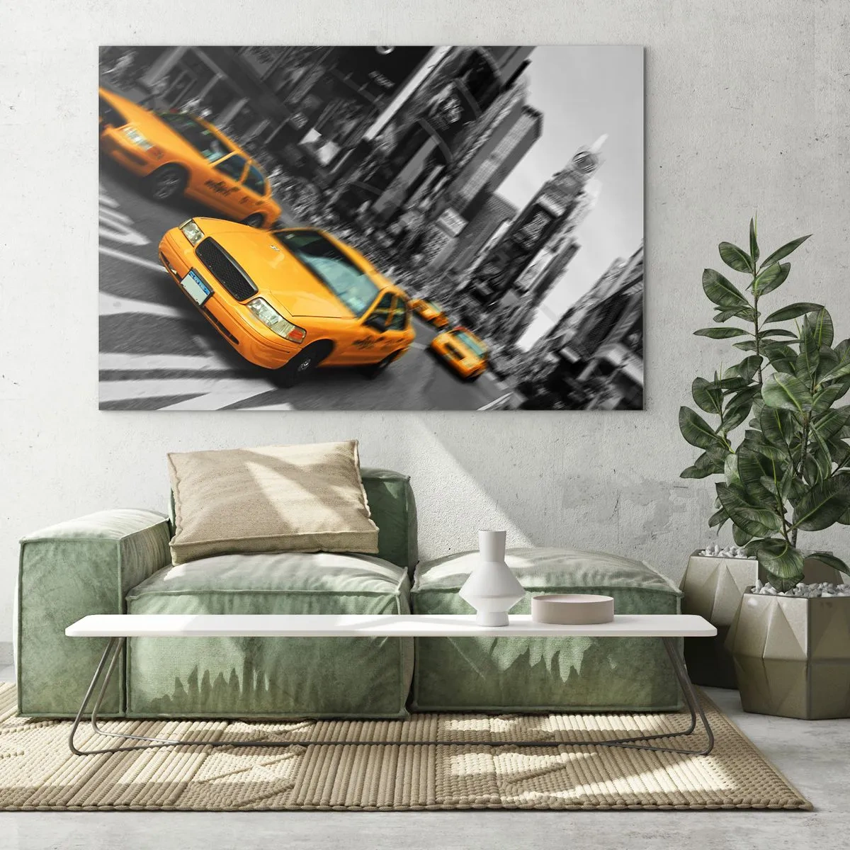 Impression sur verre - Image sur verre - Des taxis jaunes sur fond de rues de ville en noir et blanc - 70x50cm - Gouttes de soleil New-Yorkaise - Décoration murale moderne pour le salon et la chambre ARTTOR