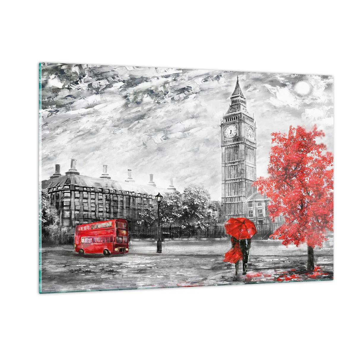Impression sur verre - Image sur verre - Big Ben avec un bus rouge et un parapluie sur fond d'arbres d'automne - 120x80cm - Une journée passionnante - Décoration murale moderne pour le salon et la chambre ARTTOR
