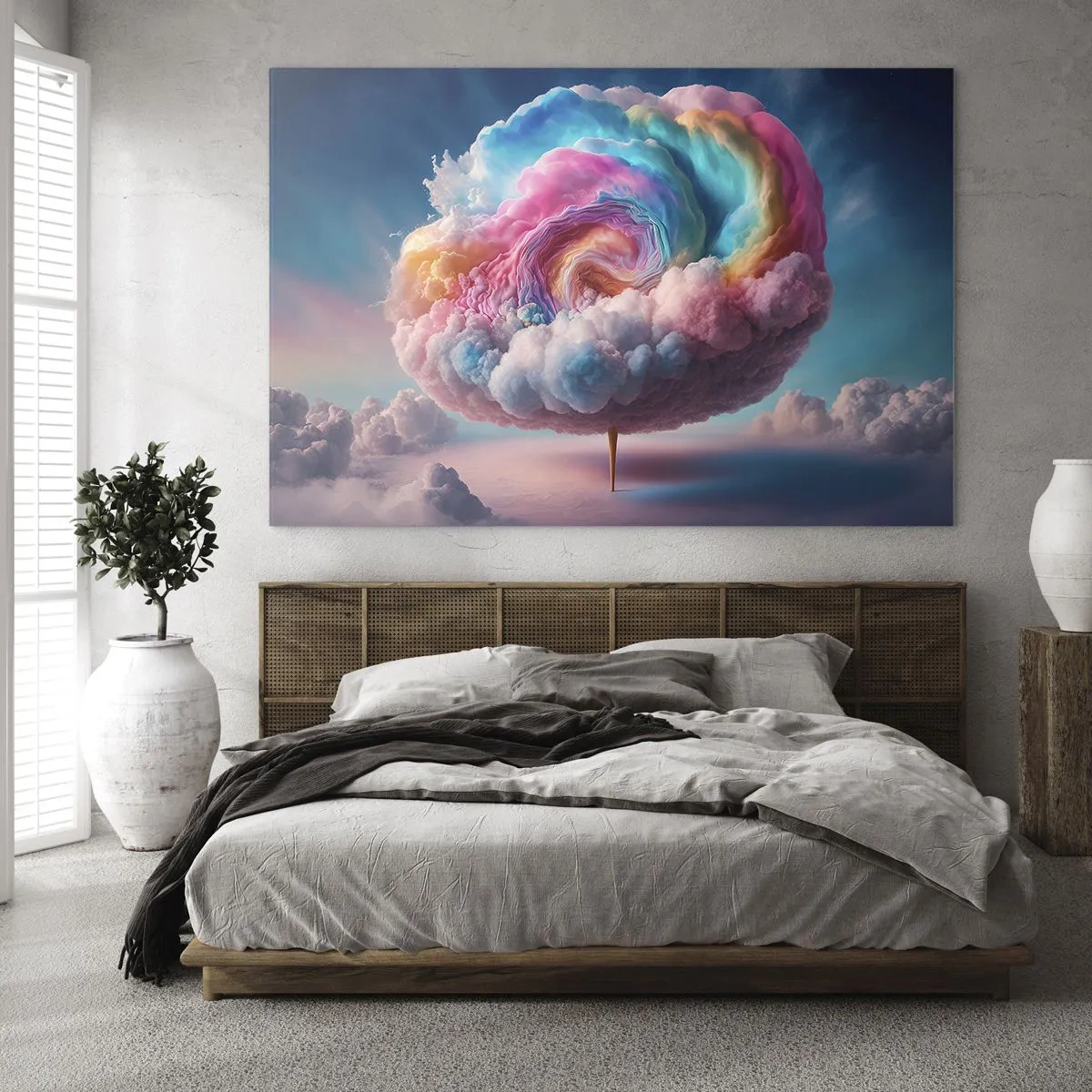 Impression sur verre - Image sur verre - Un nuage fantaisiste aux couleurs pastel ressemblant à de la barbe à papa. - 70x50cm - Le rêve d'un parc d'attractions - Décoration murale moderne pour le salon et la chambre ARTTOR