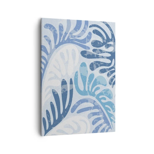 Impression sur toile - Image sur toile - Formes abstraites dans des tons de bleu sur fond blanc - 50x70cm - Fougères bleues - Décoration murale moderne pour le salon et la chambre ARTTOR