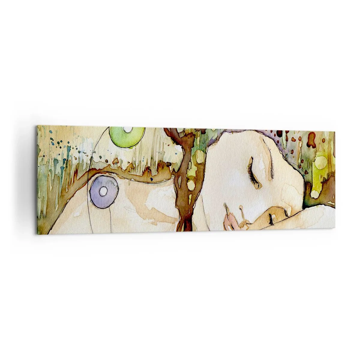 Impression sur toile - Image sur toile - Une femme rêvant entourée de formes et de couleurs abstraites. - 160x50cm - Un rêve violet émeraude - Décoration murale moderne pour le salon et la chambre ARTTOR