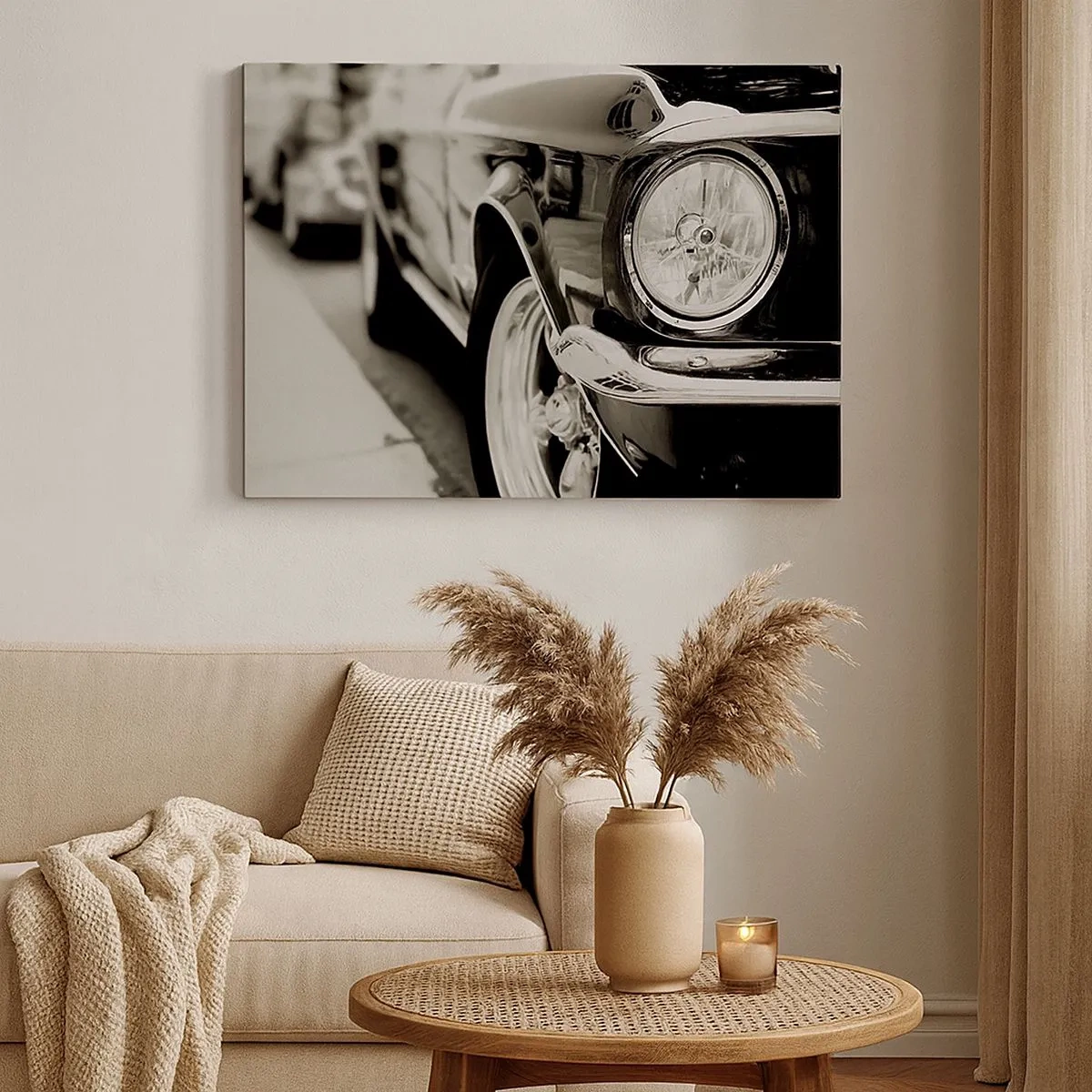 Impression sur toile - Image sur toile - Une voiture classique emblématique en noir et blanc élégant - 70x50cm - Brillance permanente - Décoration murale moderne pour le salon et la chambre ARTTOR