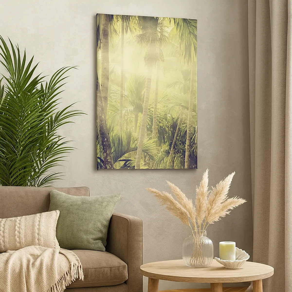 Impression sur toile - Image sur toile - Rayons de soleil dans une forêt tropicale de palmiers - 50x70cm - Nature enflammée - Décoration murale moderne pour le salon et la chambre ARTTOR