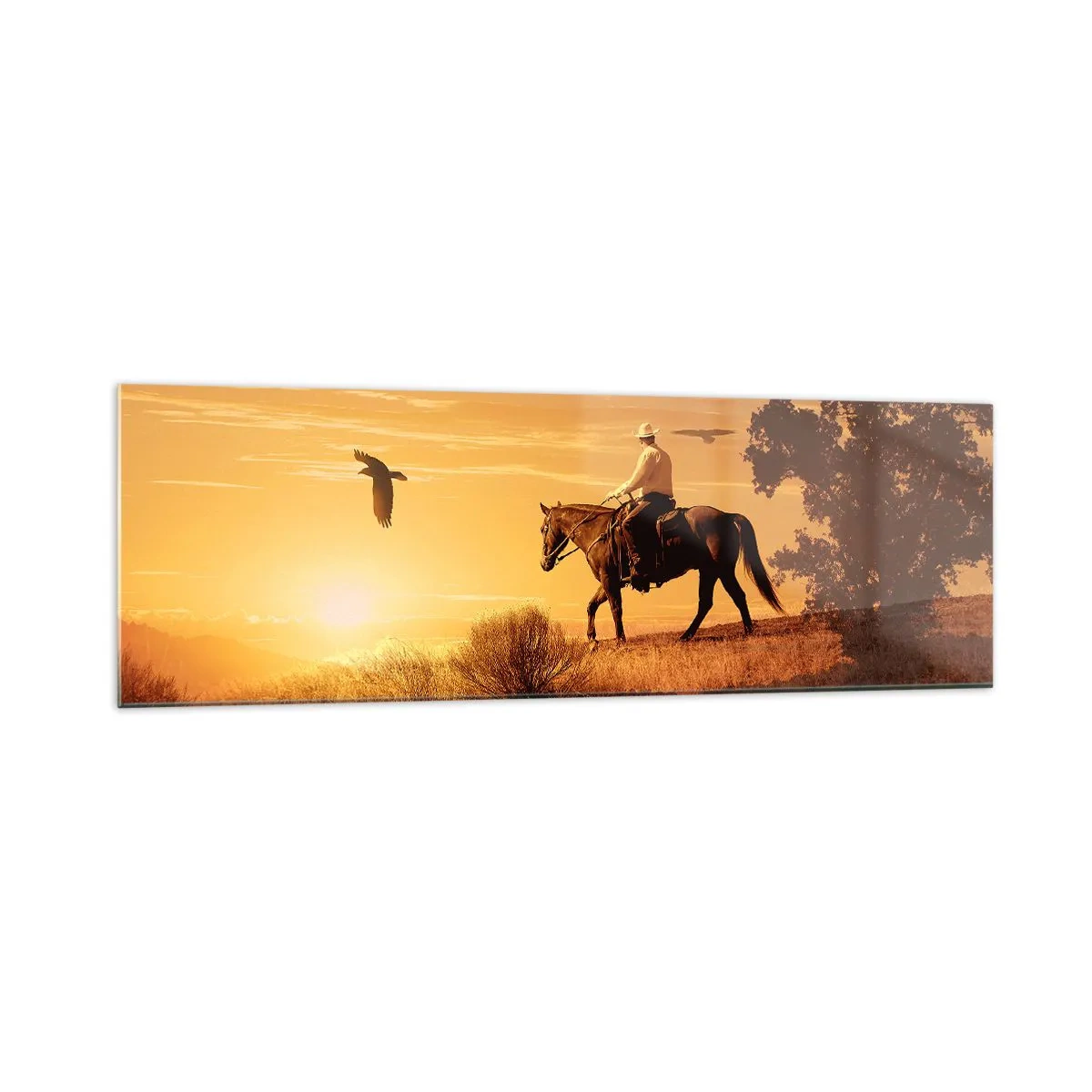 Impression sur verre - Image sur verre - Un cavalier sur un cheval au coucher du soleil contre la prairie - 160x50cm - Seul à travers la prairie - Décoration murale moderne pour le salon et la chambre ARTTOR