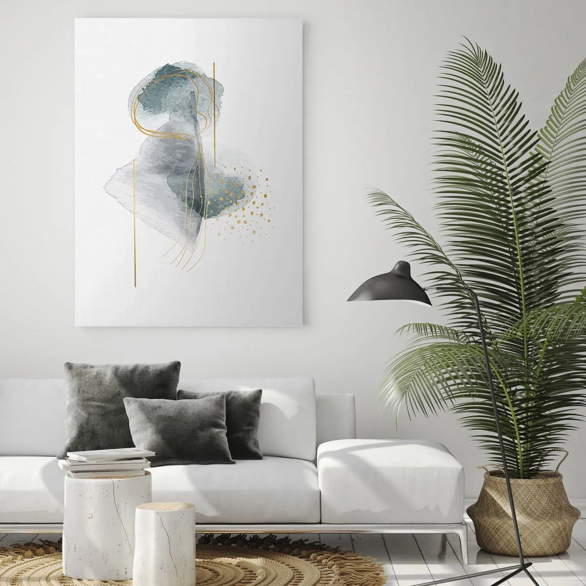 Impression sur verre - Image sur verre - Une composition abstraite dans des tons turquoise et or. - 70x100cm - À propos de la relation entre le gris et l'or - Décoration murale moderne pour le salon et la chambre ARTTOR