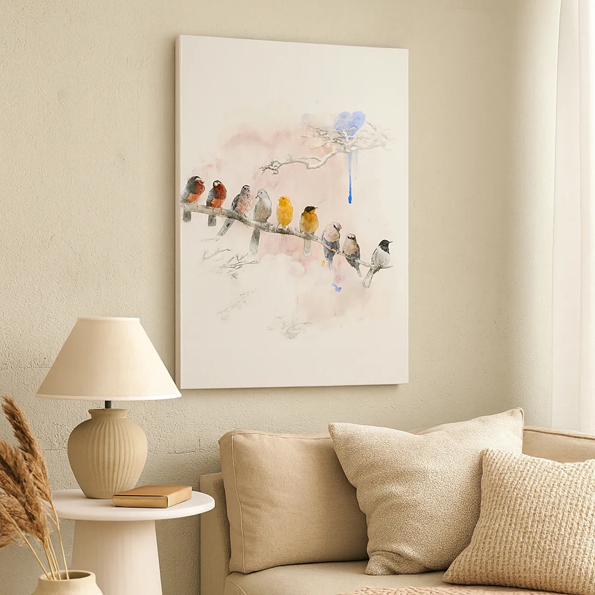 Impression sur toile - Image sur toile - Oiseaux colorés sur une branche dans un style aquarelle - 50x70cm - Rencontre ailée - Décoration murale moderne pour le salon et la chambre ARTTOR