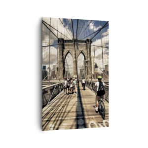 Impression sur toile - Image sur toile - Pont de Brooklyn avec vue sur les piétons et les cyclistes - 80x120cm - Directement en plein coeur de la ville - Décoration murale moderne pour le salon et la chambre ARTTOR
