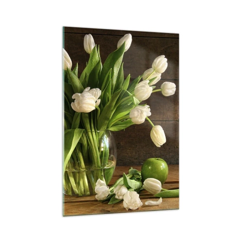 Impression sur verre - Image sur verre - Un bouquet de tulipes blanches dans un vase en verre avec des pommes vertes - 70x100cm - Juteux et frais en vert et blanc - Décoration murale moderne pour le salon et la chambre ARTTOR
