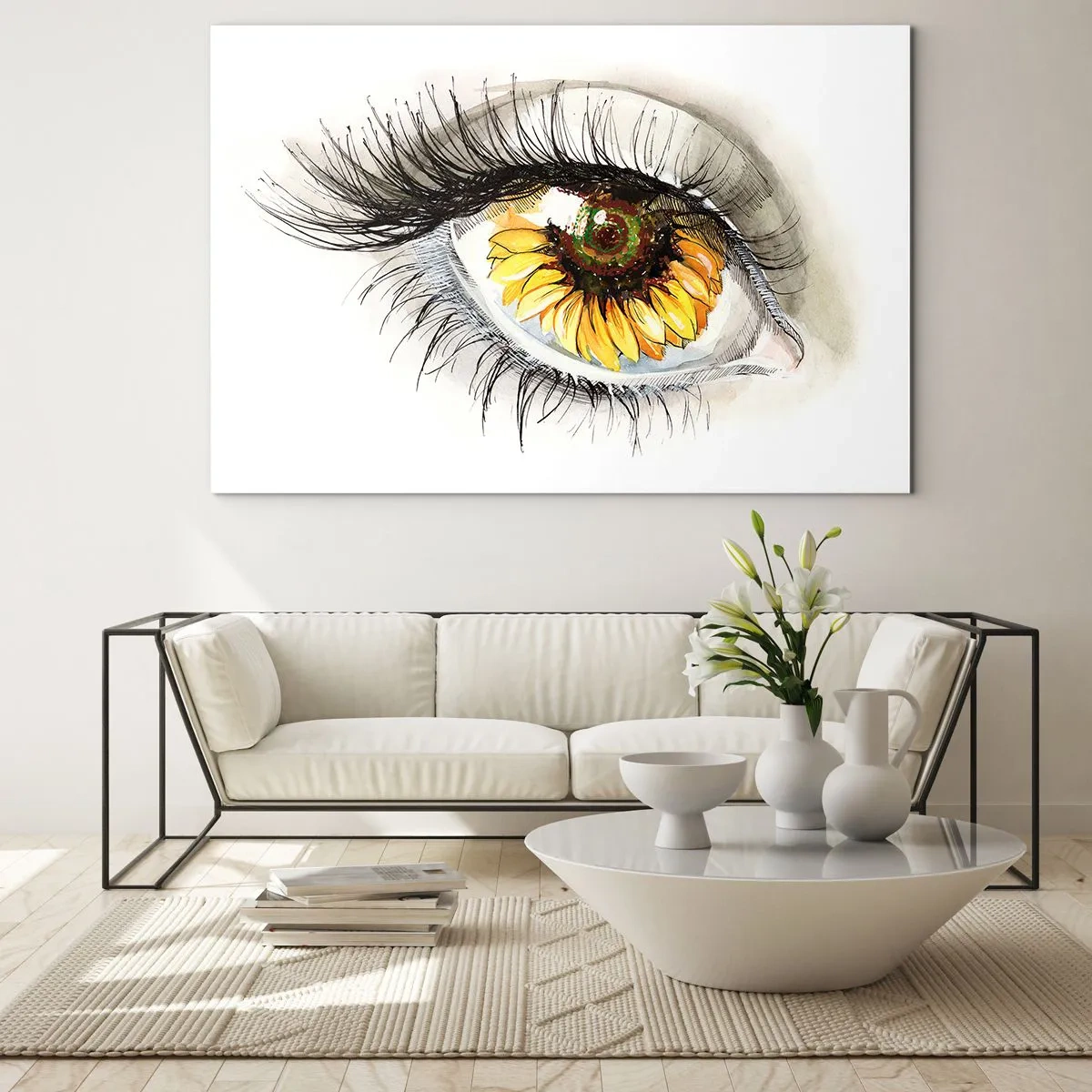 Impression sur verre - Image sur verre - Un œil avec un motif de tournesol entouré de détails délicats - 70x50cm - Un look aussi chaud que l'été - Décoration murale moderne pour le salon et la chambre ARTTOR