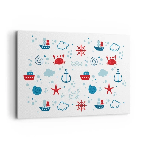 Impression sur toile - Image sur toile - Motif nautique avec ancres, navires et crabes - 120x80cm - Conte de fées de la mer - Décoration murale moderne pour le salon et la chambre ARTTOR