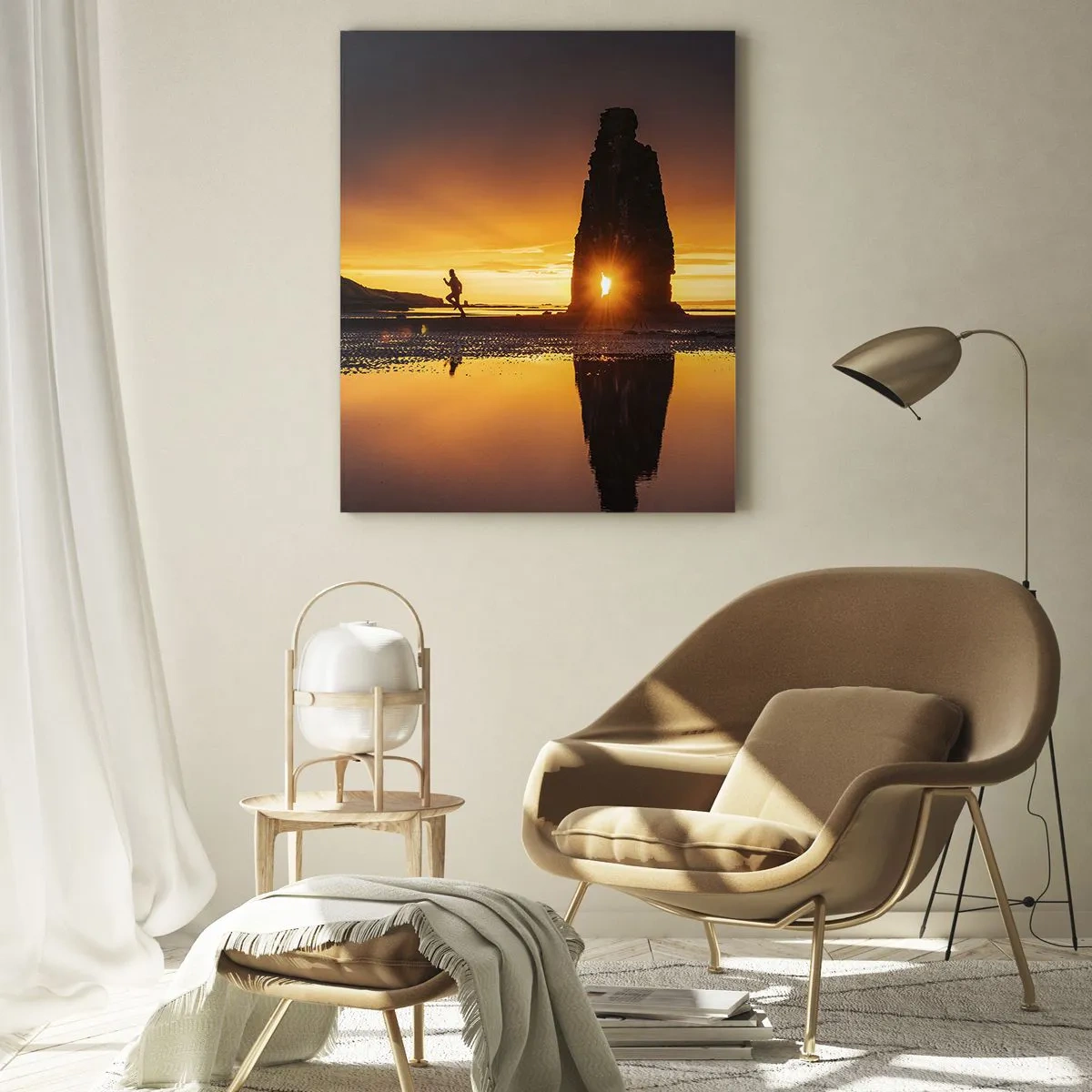 Impression sur verre - Image sur verre - Personne courant sur la plage au coucher du soleil avec formation rocheuse - 70x100cm - Juste vous et la nature - Décoration murale moderne pour le salon et la chambre ARTTOR