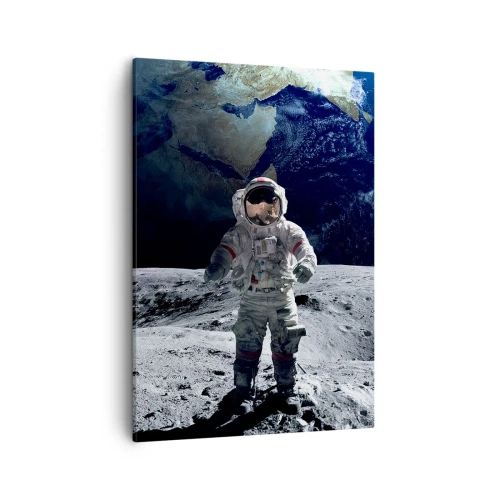 Impression sur toile - Image sur toile - Astronaute à la surface de la Lune avec la Terre en arrière-plan - 50x70cm - Salutations de la lune - Décoration murale moderne pour le salon et la chambre ARTTOR