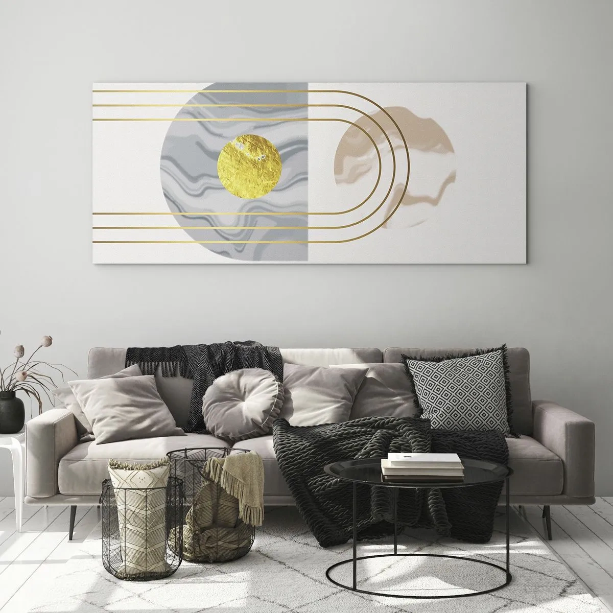 Impression sur verre - Image sur verre - Composition abstraite avec des cercles et des lignes dorées sur fond clair. - 120x50cm - Clareté et brillance - Décoration murale moderne pour le salon et la chambre ARTTOR