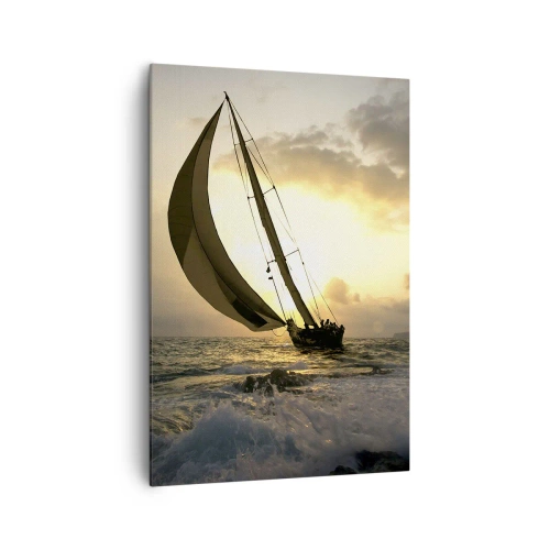 Impression sur toile - Image sur toile - Voiliers en mer au coucher du soleil - 70x100cm - Avec le vent et contre le vent - Décoration murale moderne pour le salon et la chambre ARTTOR
