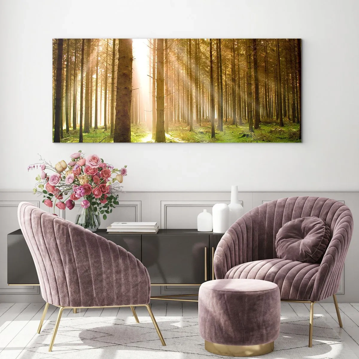 Impression sur verre - Image sur verre - Forêt de conifères avec les rayons du soleil qui brillent à travers les arbres - 140x50cm - Les elfes vont bientôt apparaître - Décoration murale moderne pour le salon et la chambre ARTTOR