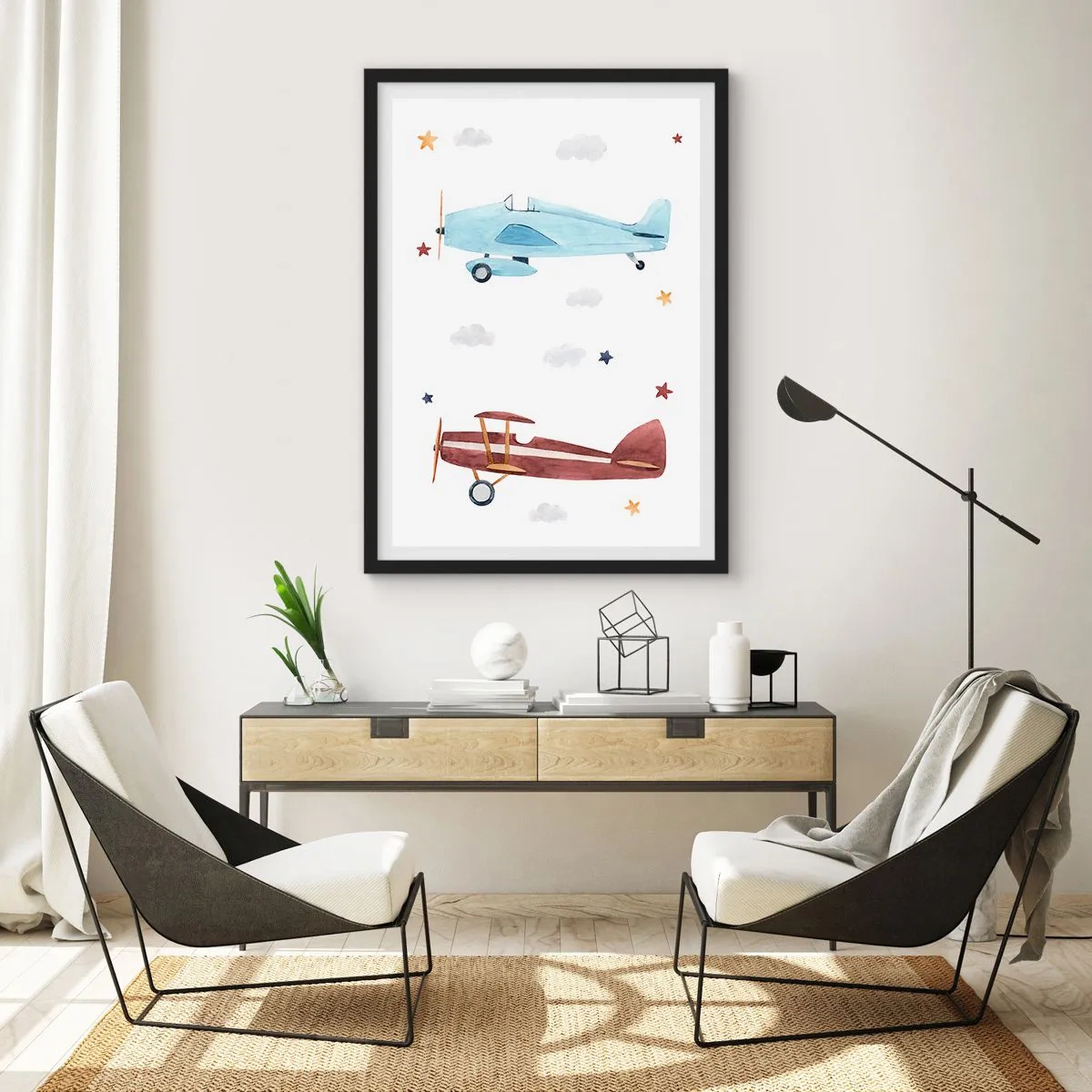Affiche dans un cadre noir - Poster - Illustrations à l'aquarelle de deux avions flottant parmi les nuages et les étoiles. - 50x70cm - Monsieur le pilote, nous vous attendons ! - Décoration murale moderne pour le salon et la chambre ARTTOR
