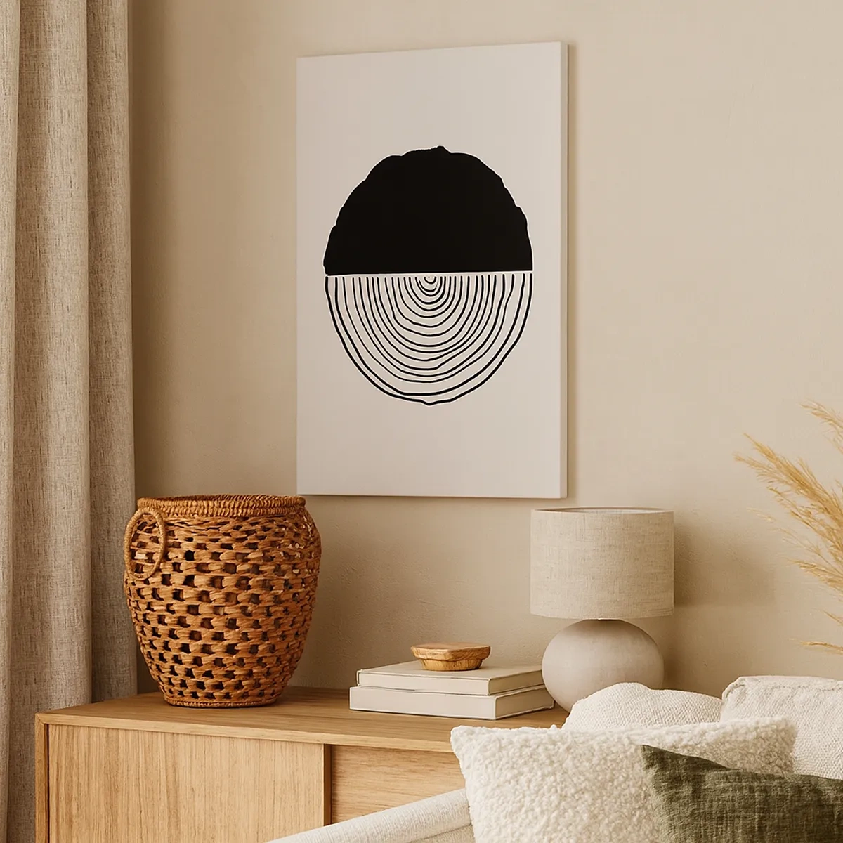 Impression sur toile - Image sur toile - Un motif abstrait en noir et blanc inspiré d'une coupe transversale de bois avec une division géométrique. - 50x70cm - Moitié-moitié - Décoration murale moderne pour le salon et la chambre ARTTOR