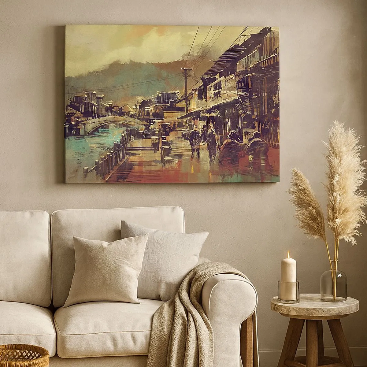Impression sur toile - Image sur toile - Une ville avec un pont et des rues au style artistique - 70x50cm - La vie comme une richesse de gris - Décoration murale moderne pour le salon et la chambre ARTTOR