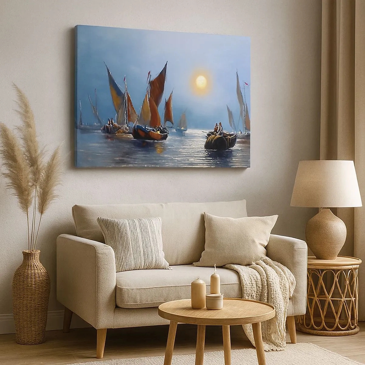 Impression sur toile - Image sur toile - Bateaux à voiles sur une eau calme au coucher du soleil - 70x50cm - Pêche de nuit - Décoration murale moderne pour le salon et la chambre ARTTOR