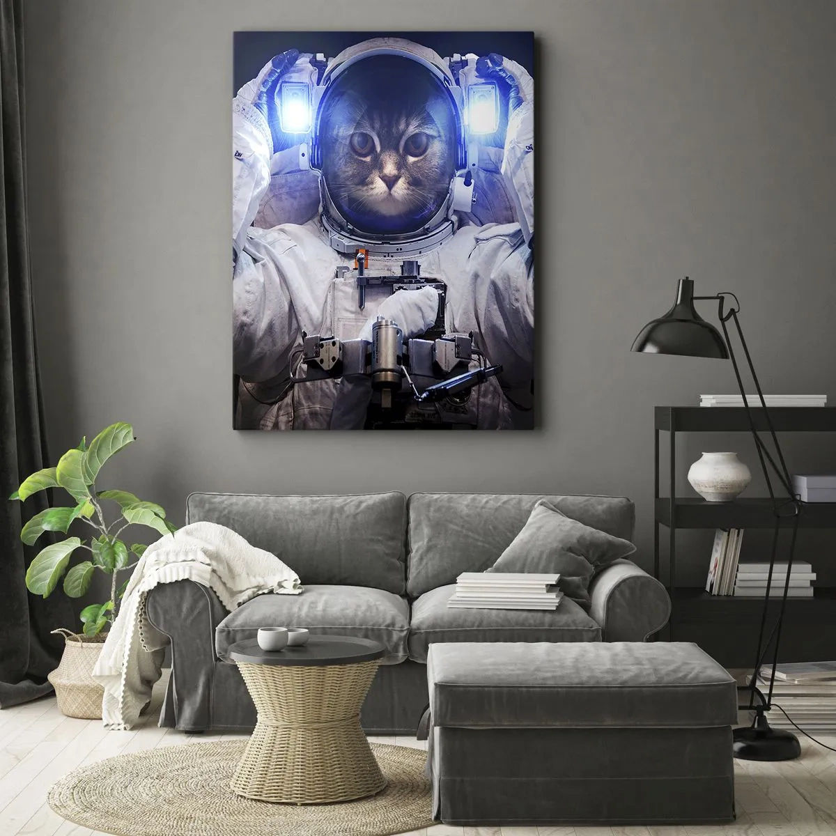 Impression sur toile - Image sur toile - Un chat dans une combinaison d'astronaute avec la Terre en arrière-plan et une lumière vive. - 70x100cm - Houston, vous avez un problème - Décoration murale moderne pour le salon et la chambre ARTTOR