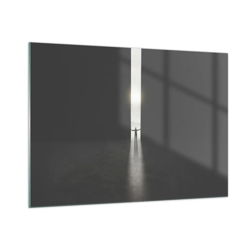 Impression sur verre - Image sur verre - Silhouette d'un homme ouvrant une porte sur une lumière vive - 100x70cm - Étape vers un avenir radieux - Décoration murale moderne pour le salon et la chambre ARTTOR